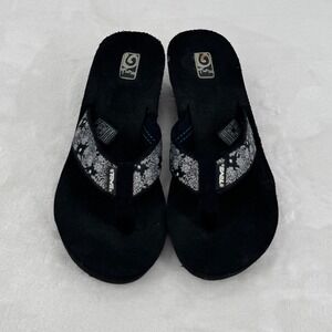 Teva Mush Wedge Flip Flops Black Floral Platform Sandals Womens Size 9